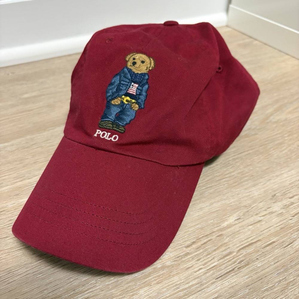 Polo Ralph Lauren Denim Bear Red Baseball Hat Cap OS Adjustable Strap Back